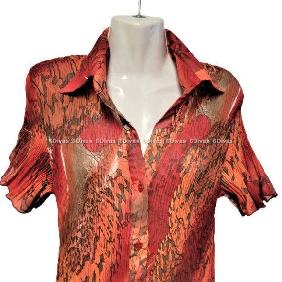 Red and Orange Top Short Sleeve Blouse Accordion Lightweight Size XL/TG - NEW - Picture 2 of 6